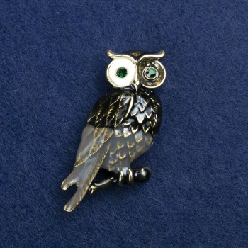 Sale! Owl Brooch in Golden Metal with Enamel and Rhinestones 42x28mm +