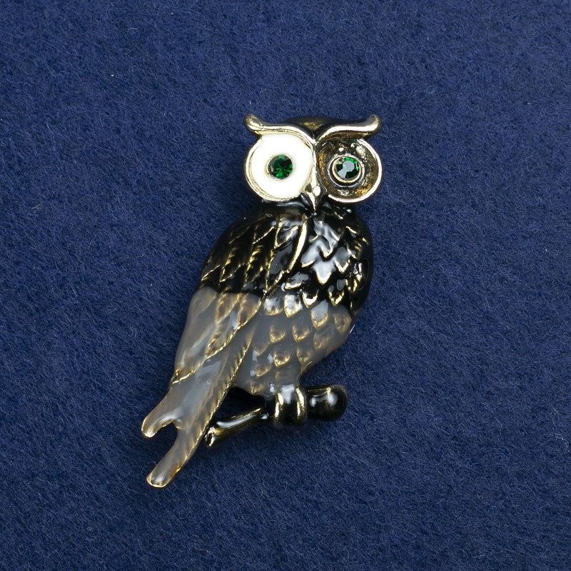 Sale! Owl Brooch in Golden Metal with Enamel and Rhinestones 42x28mm +