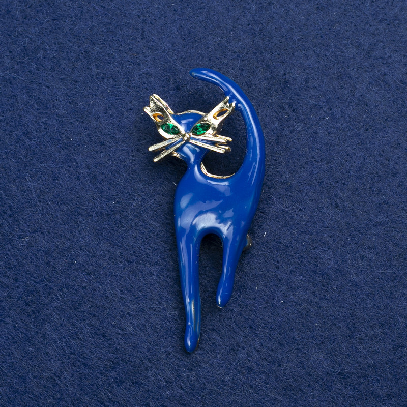 Sale! Cat Brooch in Golden Metal with Enamel and Rhinestones 45x40mm +