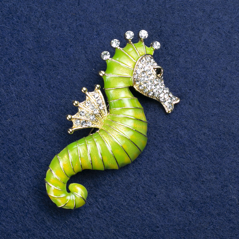 Sale! Sea Horse Brooch in Golden Metal with Enamel and Rhinestones 30x64mm +