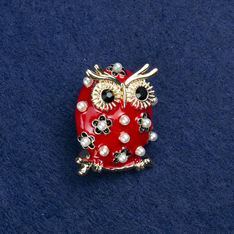 Sale! Owl Brooch in Golden Metal with Enamel, Beads, and Rhinestones 30x25mm +