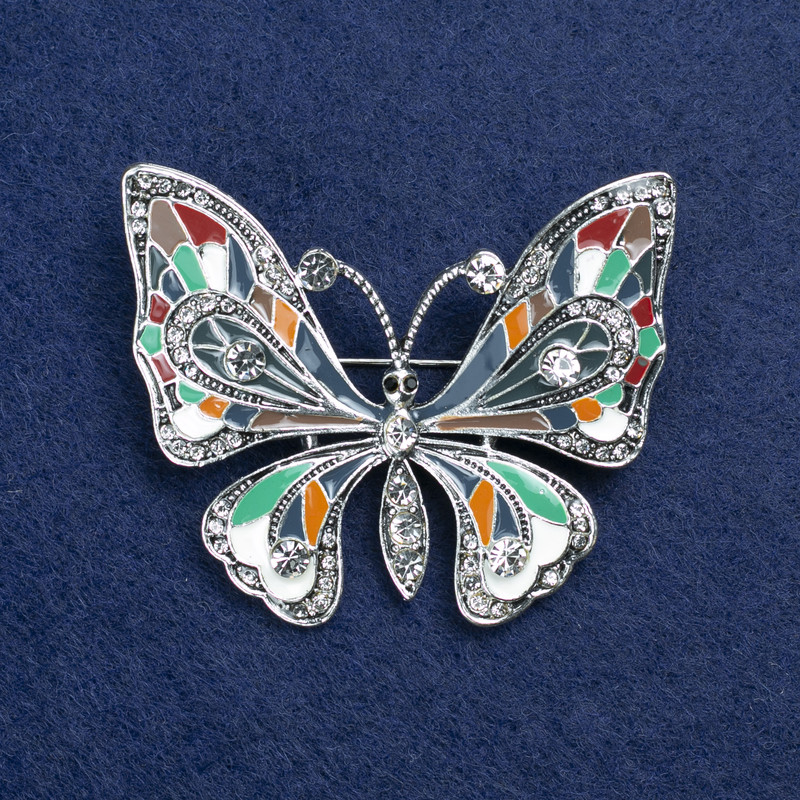 Clearance! Silver butterfly brooch with enamel and rhinestones 54x45mm +
