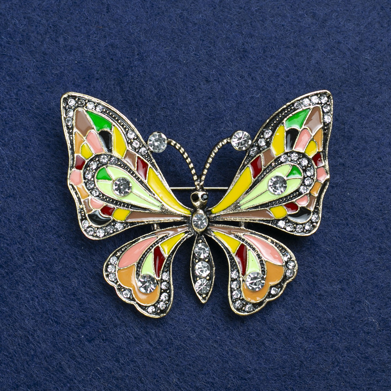 Clearance! Butterfly Brooch in Golden Metal with Enamel and Rhinestones 54x45mm +