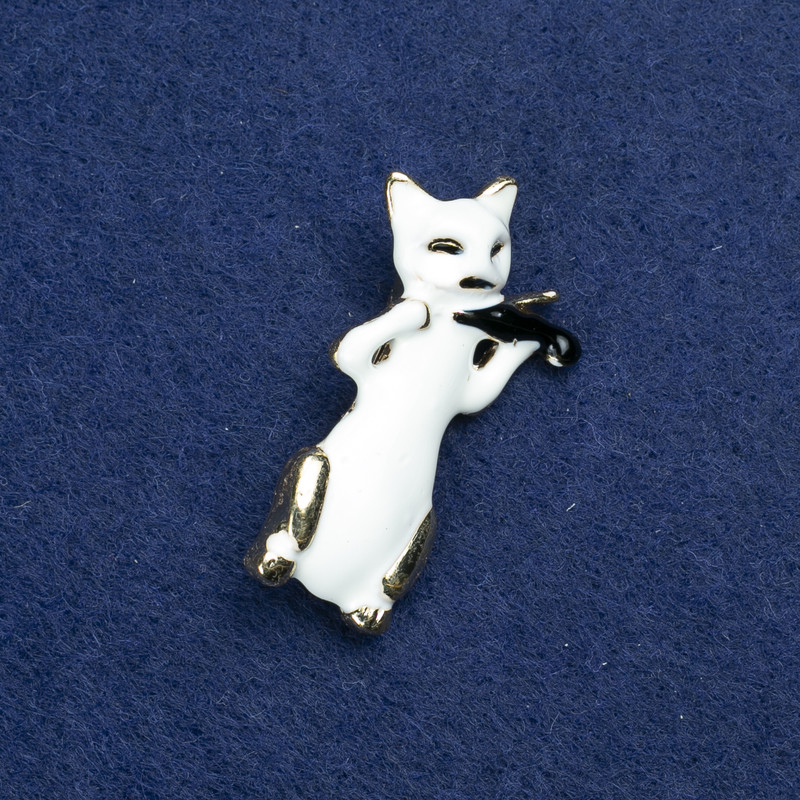 Sale! Brooch Cat and Violin Golden Metal and Enamel 40x15mm +