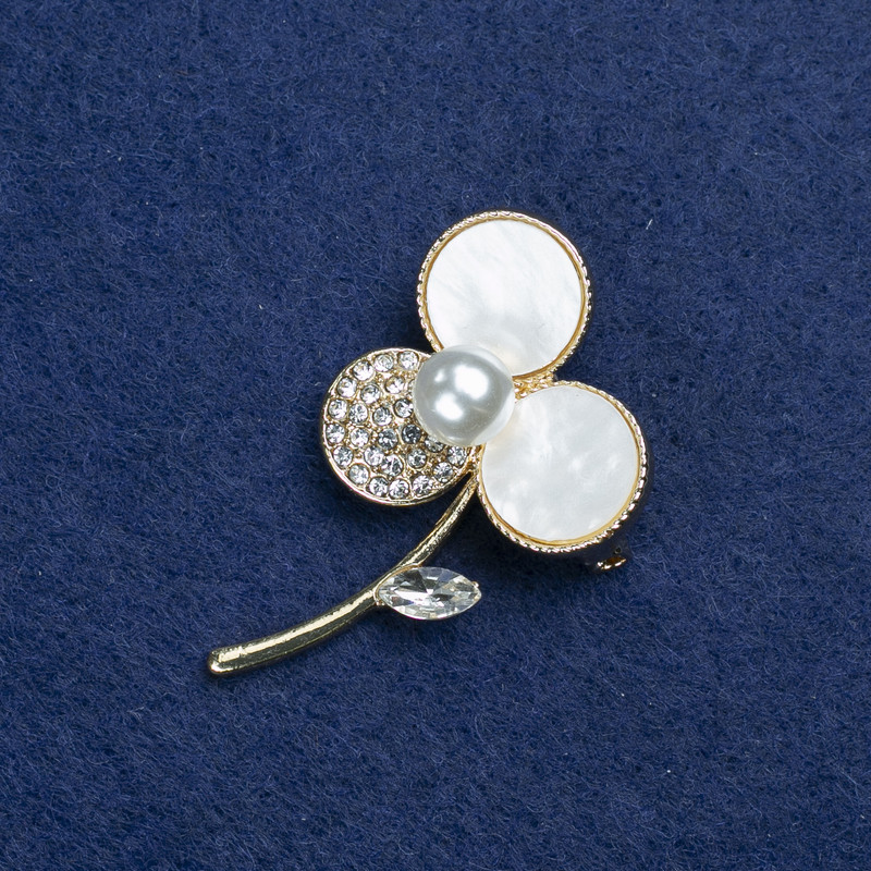 Sale! Flower Brooch - golden metal, Mother-of-Pearl, rhinestones and beads 44x27mm +