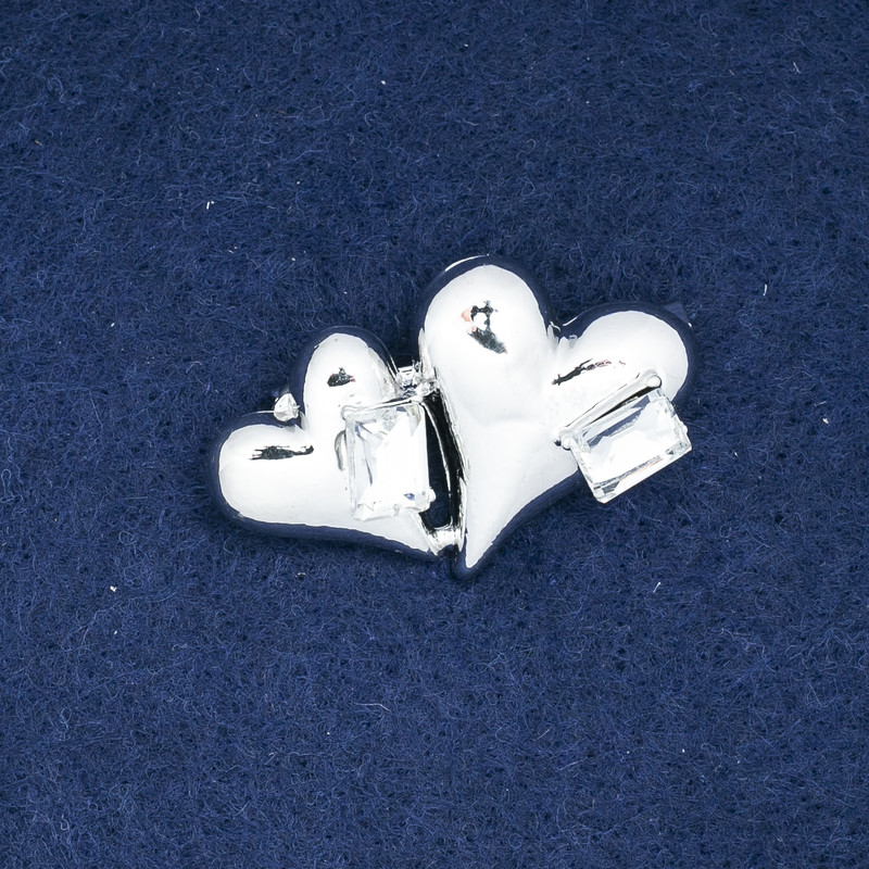Sale! Heart Brooch in Silvery Metal with Crystals 38×24 mm +