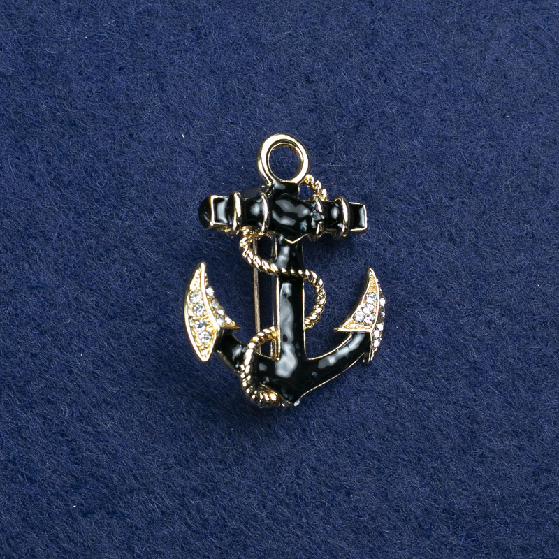 Sale! Anchor Brooch in Gold-Tone Metal with Enamel and Pearl Embellishments, 31x26mm +