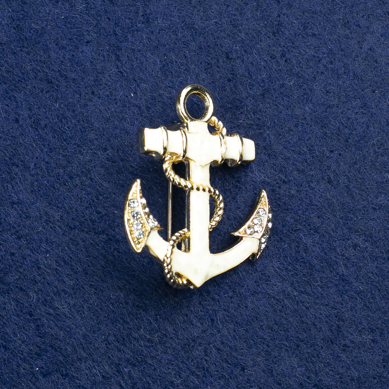 Sale! Anchor Brooch in Golden Metal with Enamel, Pearl Inlay and Rhinestones 31×26mm +