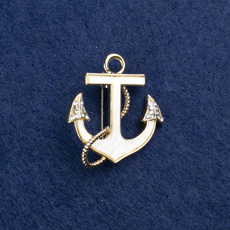 Sale! Anchor Brooch with Golden Metal, Mother-of-Pearl and Rhinestones 30x28mm +