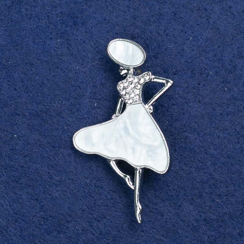 Sale! Brooch Lady in a Hat, Silver Metal, Pearl and Rhinestones 48x27mm +