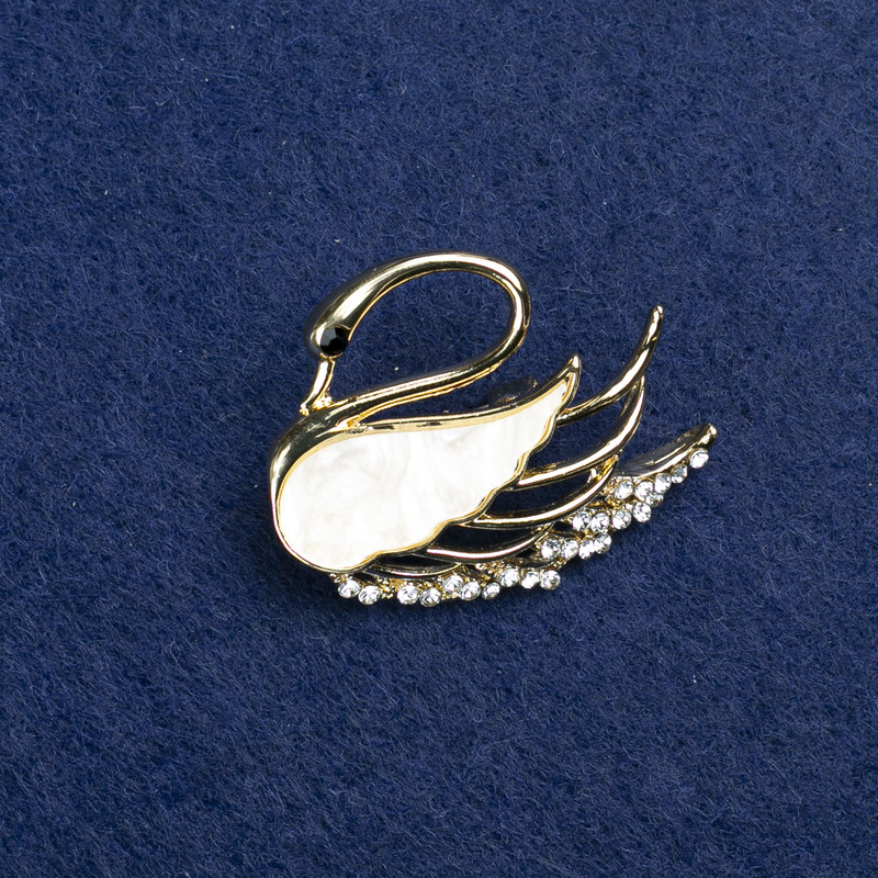 Clearance! Golden Swan Brooch with Mother-of-Pearl and Rhinestones 35x28mm +