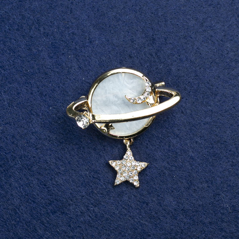 Sale! Brooch Planet golden metal, Mother-of-Pearl and rhinestones 36x38mm +