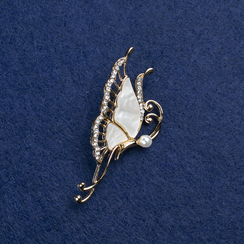 Sale! Brooch Butterfly Golden Metal, Mother-of-Pearl and Crystals with Beadwork 51x24mm +