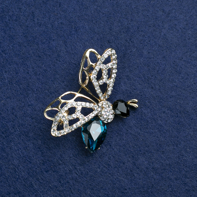 Sale! Butterfly Brooch in golden metal with blue and black crystals and white rhinestones 41x33 mm +
