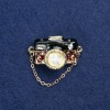 Sale! Golden metal camera shaped brooch with cat's eye, enamel and crystals 32×15mm +