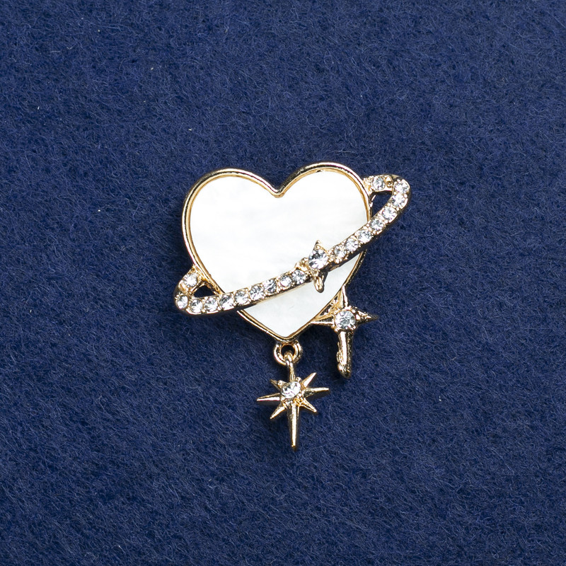 Sale! Heart Brooch with Golden Metal, Nacre and Rhinestones 35x30mm +