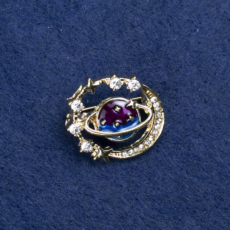 Sale! Planet Brooch with golden metal, enamel and rhinestones 22×24mm +