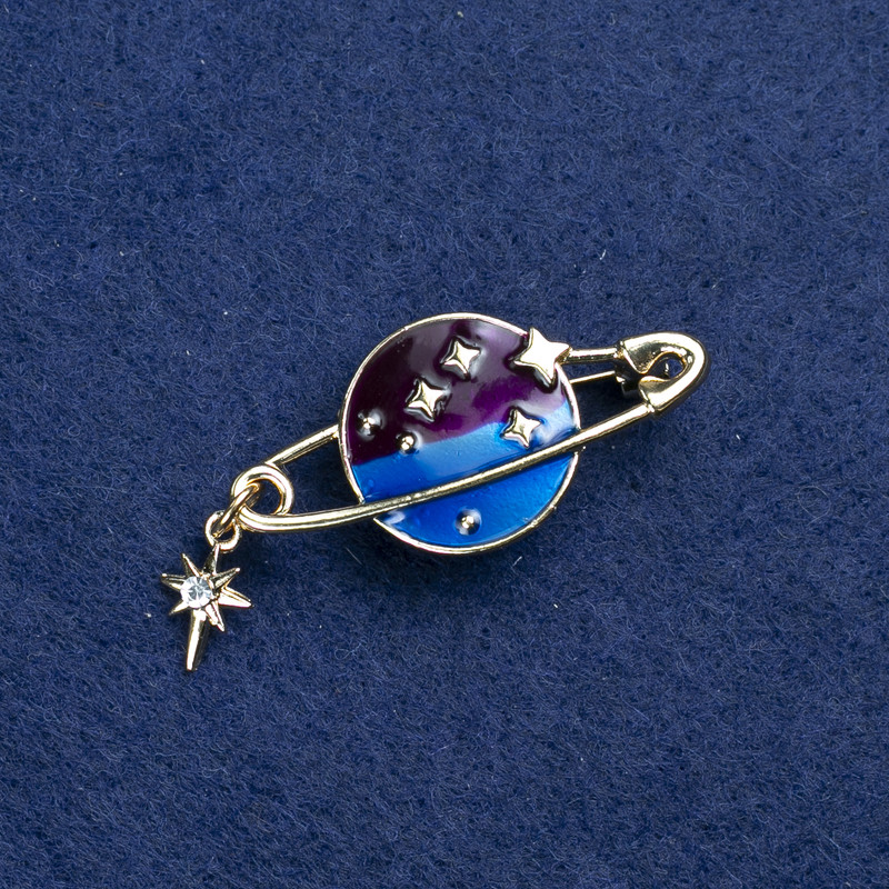 Sale! Brooch Planet golden metal, enamel and rhinestones 36×18mm +