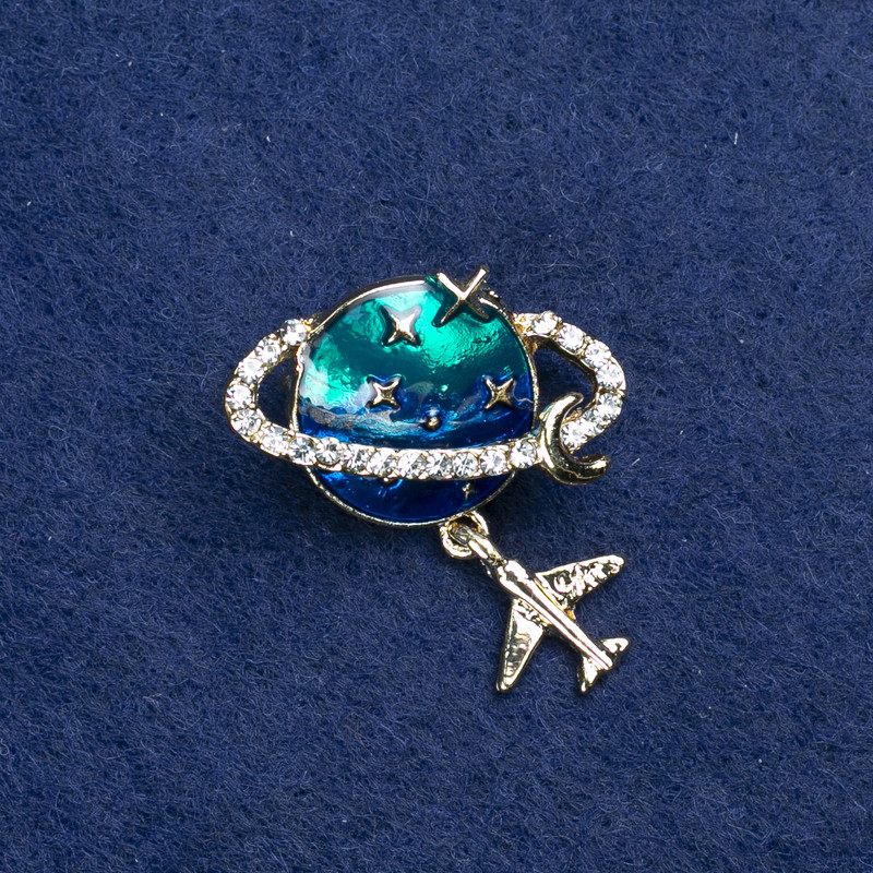 Sale! Brooch Planet in Golden Metal, Enamel and Rhinestones 27x30mm +