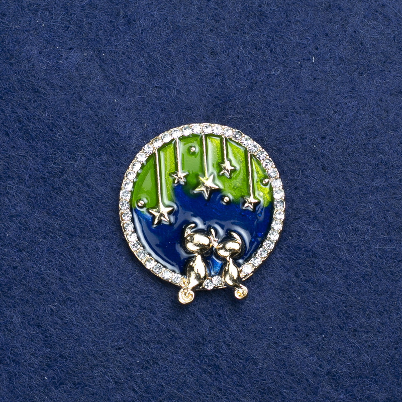 Sale! Brooch Planet with golden metal, enamel and crystals 25mm +