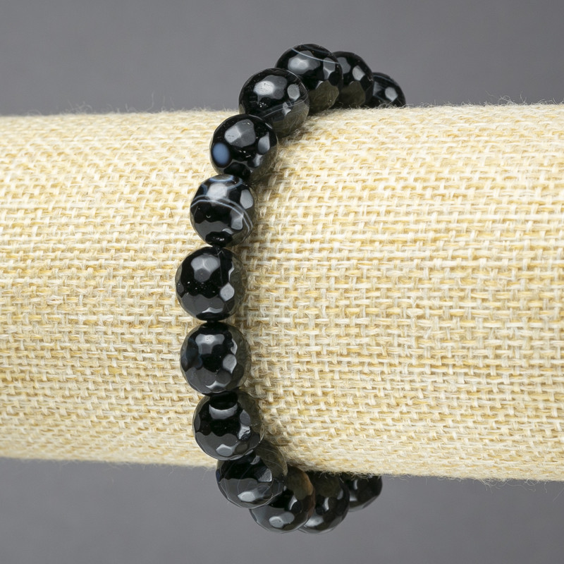 Bracelet on elastic band, natural stone, onyx black agate, faceted bead, diameter 10mm+