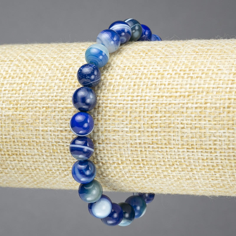 Elastic bracelet with natural aquamarine blue agate smooth blue beads, 8mm diameter