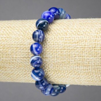 Elastic bracelet with blue eye-cut agate, smooth round beads 10mm diameter