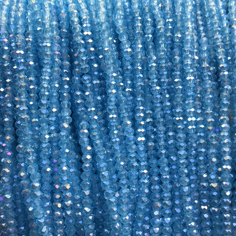 Beads Czech Crystal on Thread Sky Blue Transparent with Gasoline Finish, Faceted Rondelle, 3×2.5 mm +-, Length 36 cm +