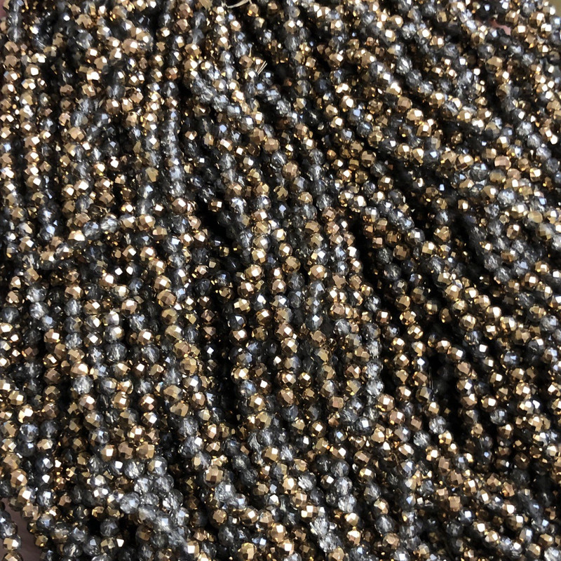 Beads Czech Crystals on Thread Assorted Gray Transparent + Gold Plating Geometric Rondelle, diameter 3×2.5mm + -, length 36cm