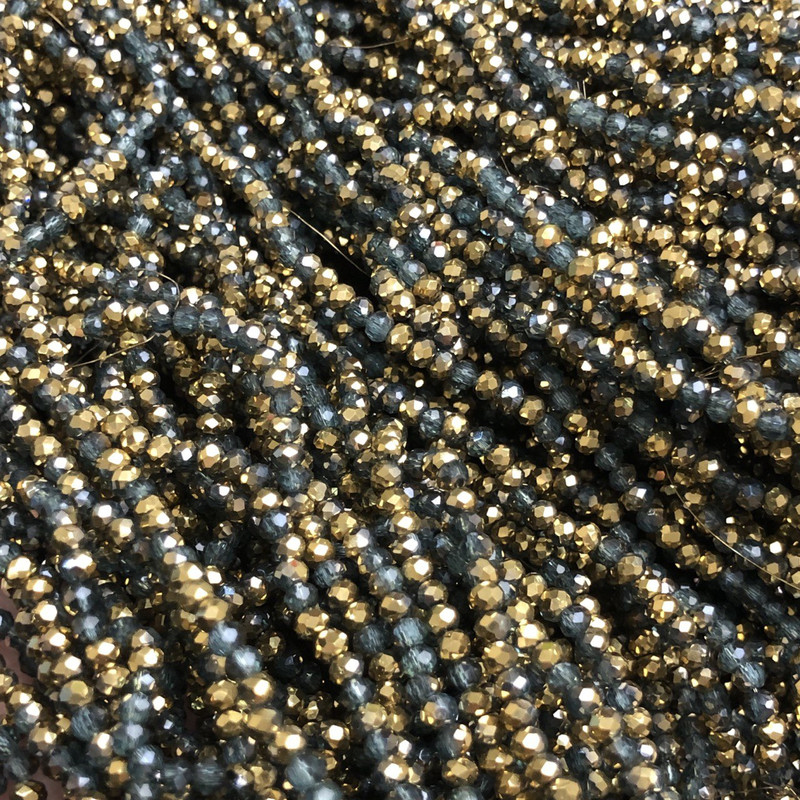 Beads Czech Crystal on thread assorted gray transparent + gold plated faceted rondelle, diameter 3×2.5 mm + -, length 36 cm