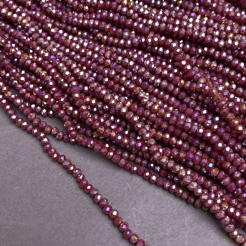 Czech Crystal Beads on Thread Burgundy Matte with Gasoline Iridescence, Faceted Rondelle, 3x2.5 mm + -, Length 36-38 cm +