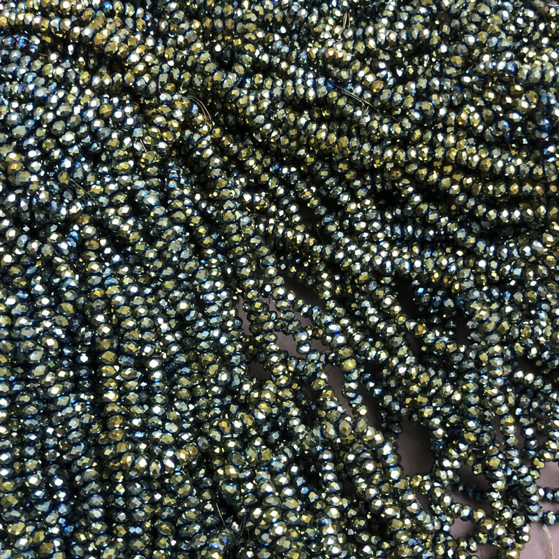 Beads Czech Crystal on Thread Gray-Green with Gasoline Shine, Branded Rondelle, 3x2.5 mm, length 36 cm
