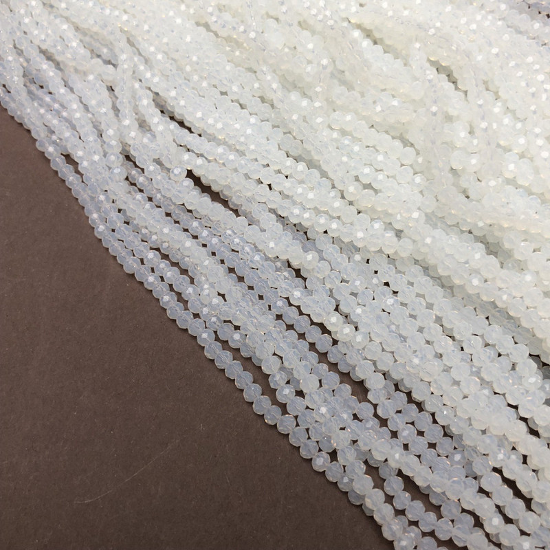 Glass Beads on Suspension Czech Crystal on Thread, Milk Transparent Faceted Rondelle, Ø 3x2.5mm + -, length 36-38cm +
