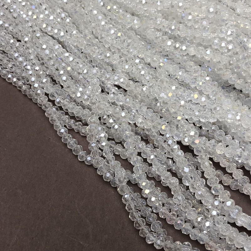 Beads White Czech Crystal round faceted rondelle on thread, 3.5x3mm, length 36-38cm