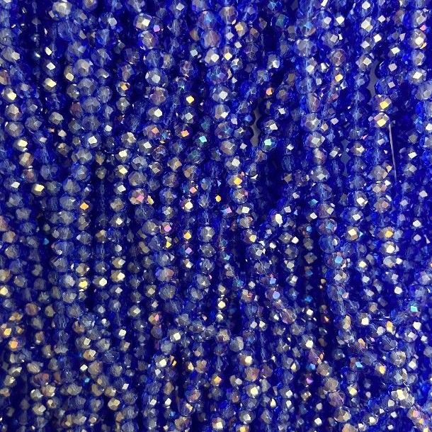 Blue Beads on Thread Czech Crystal, blue transparent with gasoline finish, faceted rondelle, diameter 3.5x3mm, length 36cm