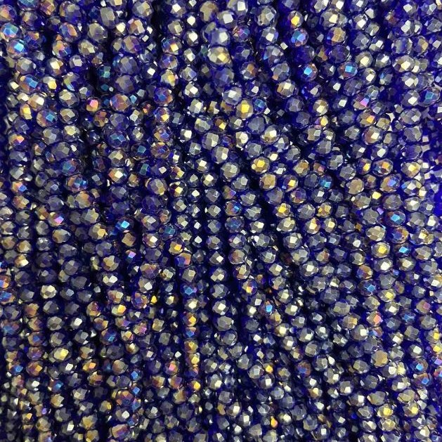 Beads Czech Crystal on thread blue with gasoline finish, faceted rondelle, diameter 3.5×3 mm +-, length 33 cm +