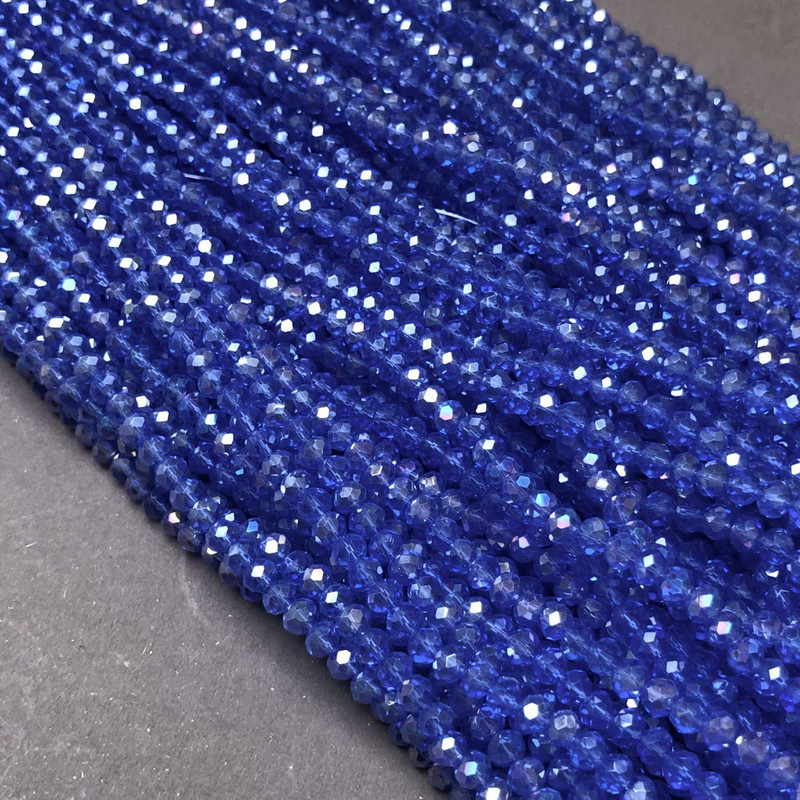 Beads Czech Crystal on thread blue transparent with gasoline sheen faceted rondelle, diameter 3.5×3mm + -, length 36-38cm +