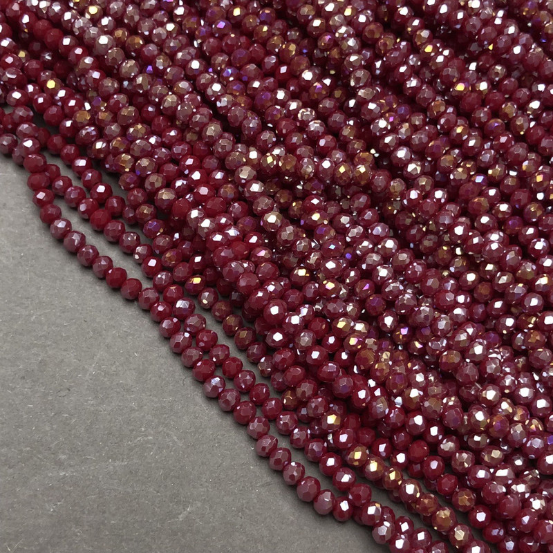 Beads Czech Crystal on fishing line burgundy matte faceted rondelle, diameter 3.5×3 mm +-, length 36-38 cm +