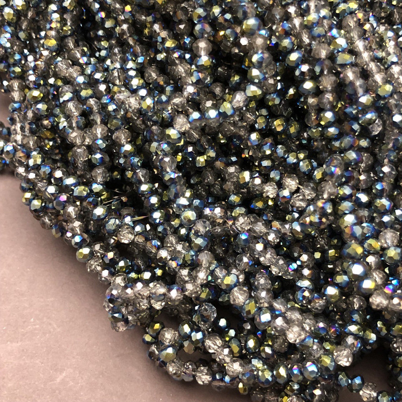 Beads Czech Crystal on Thread Assorted Gray Transparent with Faceted Rondelle, Ø 3.5×3 mm + -, Length 36-38 cm +