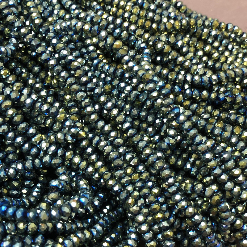 Czech Crystal Beads on Wire, Gray-Green Drilled Rondelle with Benzin Shine, 3.5×3 mm, Length 36-38 cm