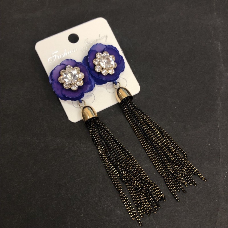 Tassel Earrings "Violet Flower" with Chains, Length 90mm