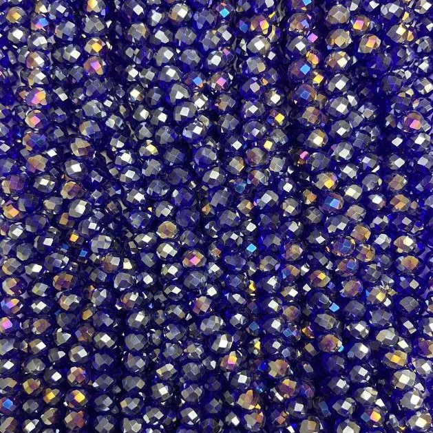 Beads Czech Crystal on a Thread Blue with Benzene Coating Faceted Rondelle, 6x5mm, length 40-43cm
