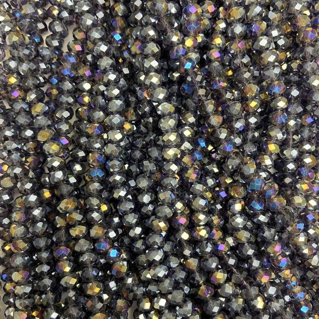 Czech Crystal Beads on Thread, Gray with Gascoat (gas) Finish, Faceted Rondelle, 6x4.5 mm +-, Length 38-40 cm +
