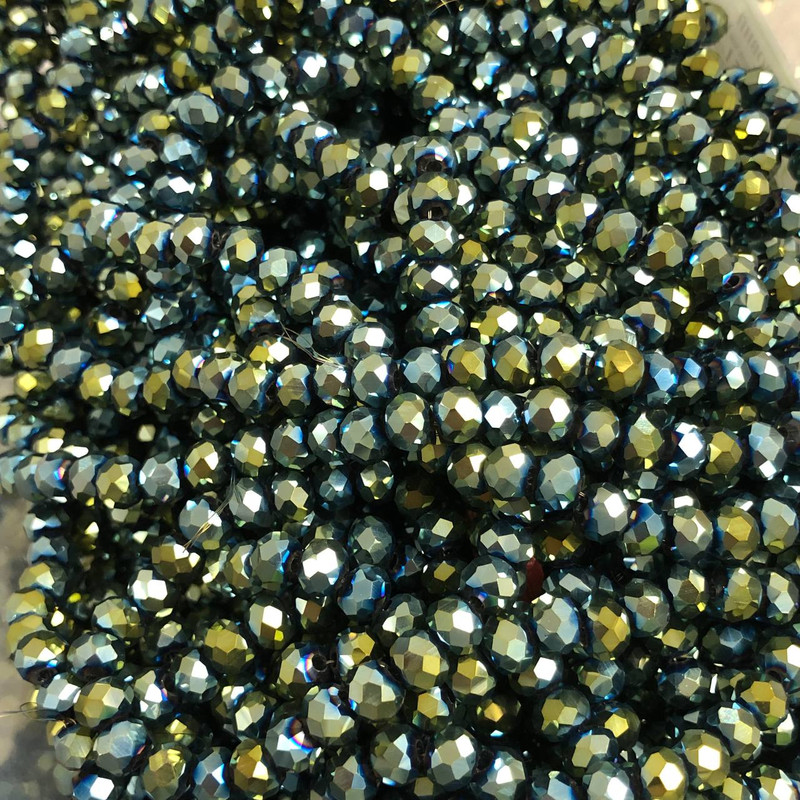 Beads Czech Crystal on Thread Gray-Green Finish with Petrol Glint, Briolette Cut, 6x4.5mm +-, Length 38-40cm +