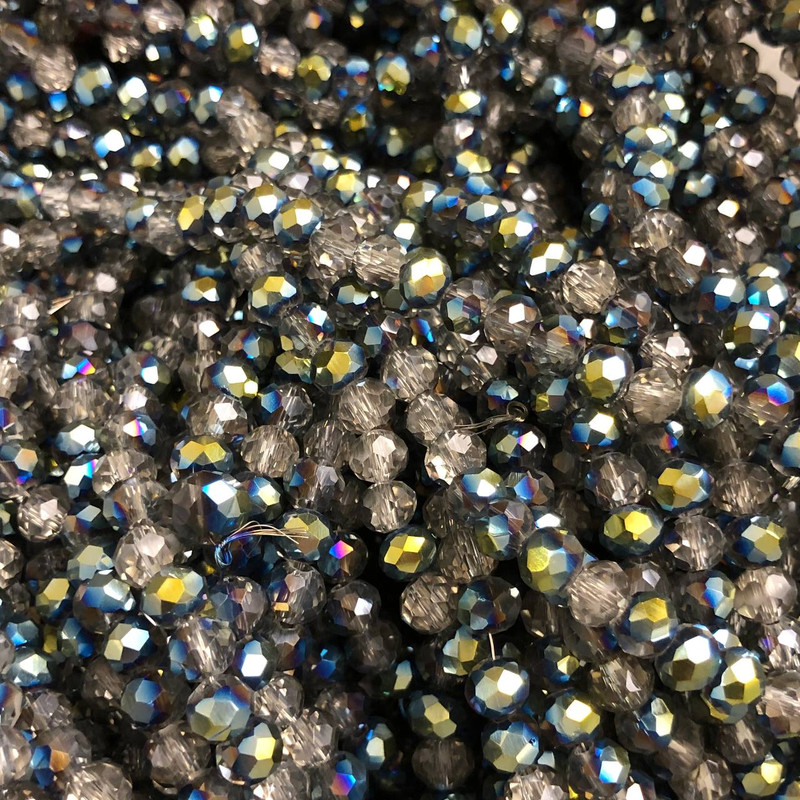 Beads Czech Crystal on thread Gray assorted, transparent with coating, faceted rondel, 6x4.5 mm ±, thread length 38-40 cm ±