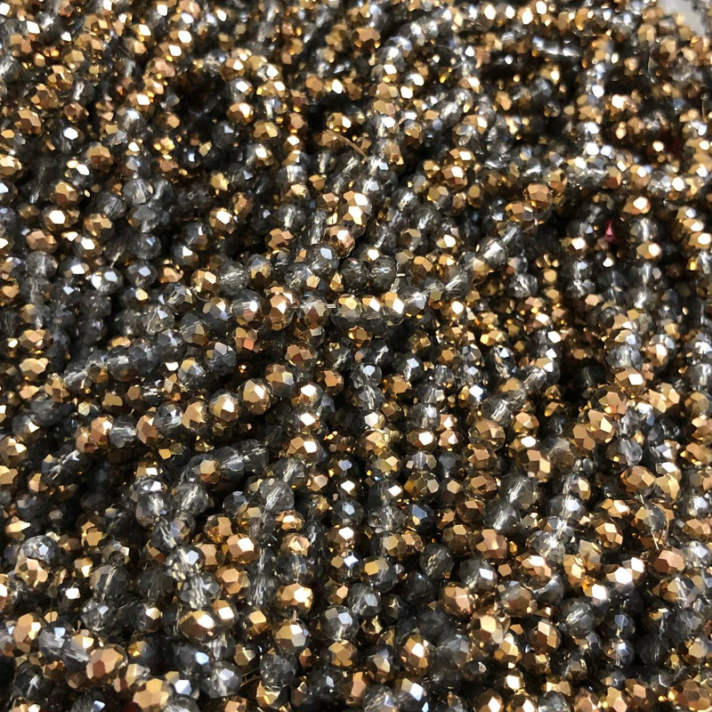 Czech Crystal Beads on Thread, Gray Transparent with Gold Plating, Faceted Rondelle, 3.5×3 mm, length 36-3