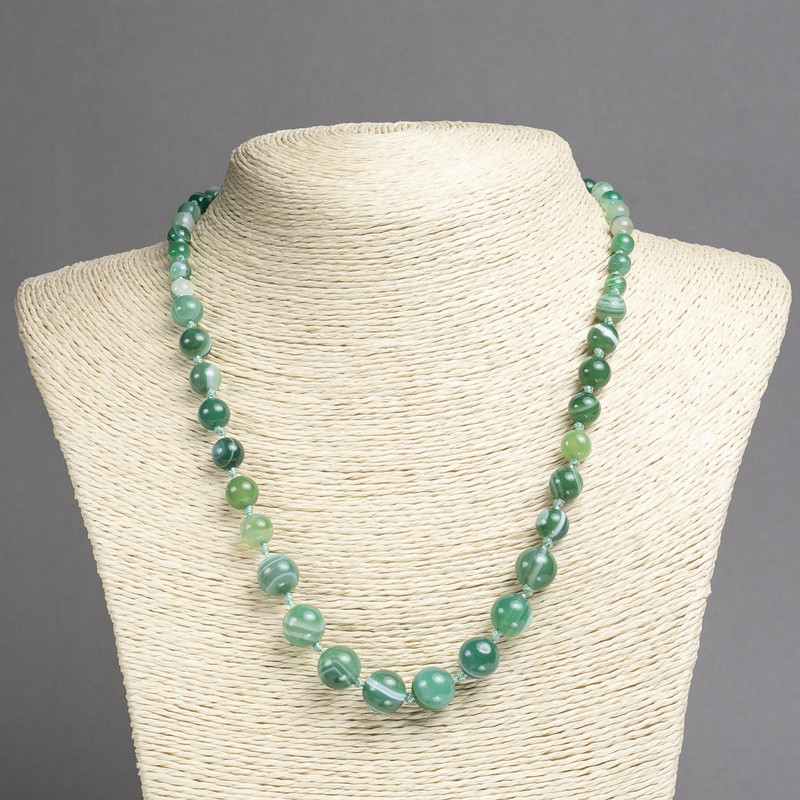 Beads of Green Eye Agate, smooth green round beads on a length, 6-10(±)mm diameter, length 45cm+