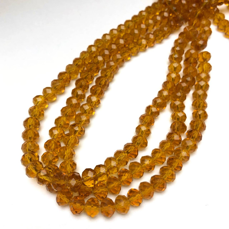 Beads Czech Crystal on Thread Dark Honey Transparent Faceted Rondelle, 8x6 mm diameter + -, length 40-42 cm +