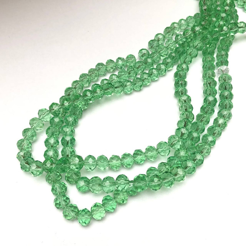 Beads Czech Crystal on Fishing Line Light Green Transparent Faceted Rondelle, 8x6mm +-, length 40-42cm +