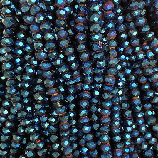 Czech Crystal Beads blue 6x5 mm with gasoline finish, round faceted rondelle, length 40 cm +